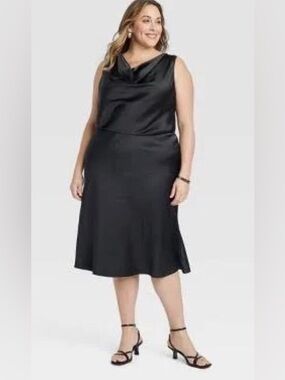 Ava & Viv Black Satin Cowl Neck Plus Size Midi Dress